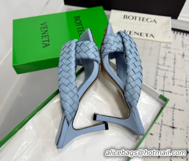 Stylish Bottega Veneta Riva Heel Slides Sandal 9cm in Woven Leather Light Blue 1027157