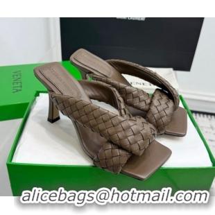 Top Grade Bottega Veneta Riva Heel Slides Sandal 9cm in Woven Leather Brown 1027158