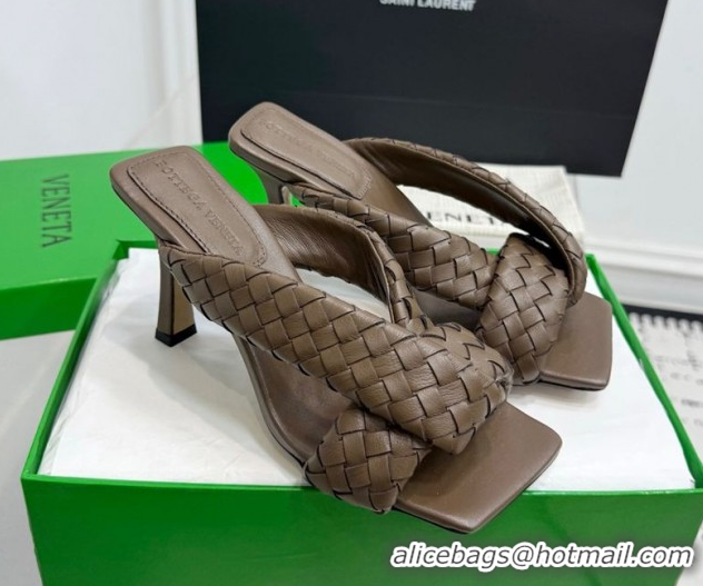 Top Grade Bottega Veneta Riva Heel Slides Sandal 9cm in Woven Leather Brown 1027158