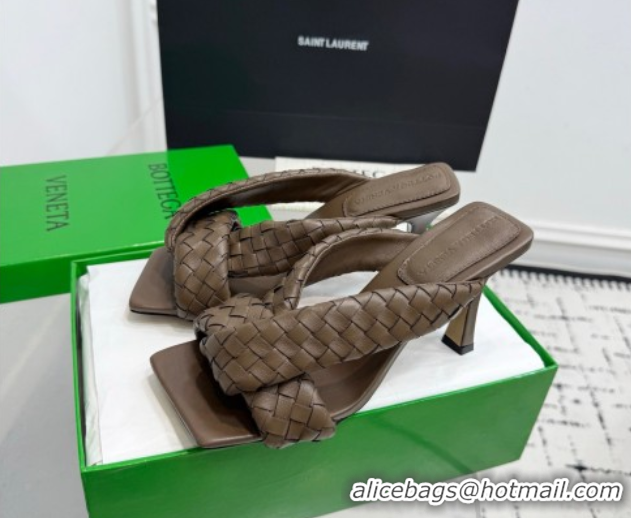 Top Grade Bottega Veneta Riva Heel Slides Sandal 9cm in Woven Leather Brown 1027158
