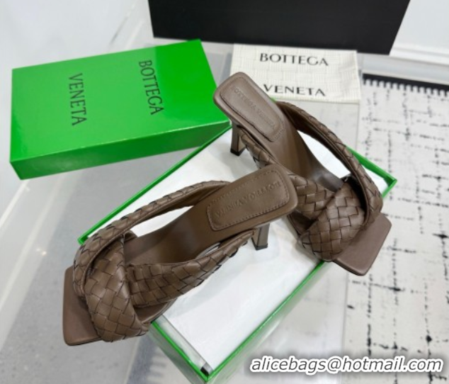 Top Grade Bottega Veneta Riva Heel Slides Sandal 9cm in Woven Leather Brown 1027158