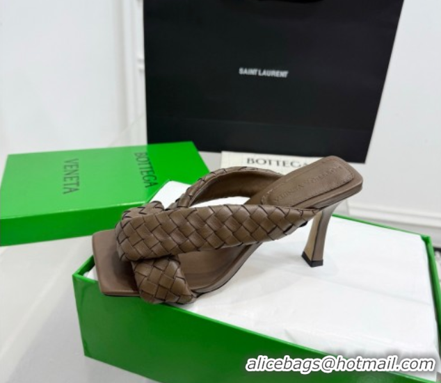 Top Grade Bottega Veneta Riva Heel Slides Sandal 9cm in Woven Leather Brown 1027158