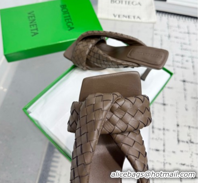 Top Grade Bottega Veneta Riva Heel Slides Sandal 9cm in Woven Leather Brown 1027158