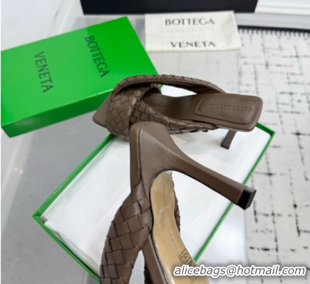 Top Grade Bottega Veneta Riva Heel Slides Sandal 9cm in Woven Leather Brown 1027158
