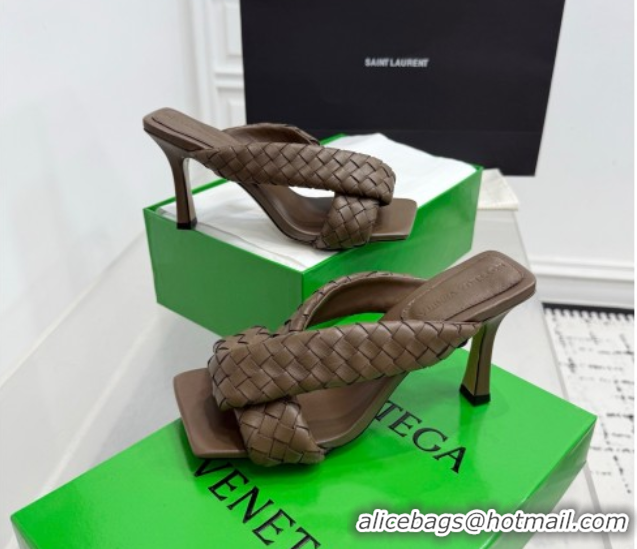 Top Grade Bottega Veneta Riva Heel Slides Sandal 9cm in Woven Leather Brown 1027158