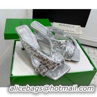 Perfect Bottega Veneta Riva Heel Slides Sandal 9cm in Woven Leather Silver 1027159