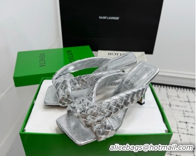 Perfect Bottega Veneta Riva Heel Slides Sandal 9cm in Woven Leather Silver 1027159