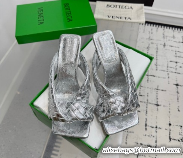 Perfect Bottega Veneta Riva Heel Slides Sandal 9cm in Woven Leather Silver 1027159
