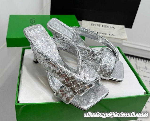 Perfect Bottega Veneta Riva Heel Slides Sandal 9cm in Woven Leather Silver 1027159