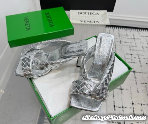 Perfect Bottega Veneta Riva Heel Slides Sandal 9cm in Woven Leather Silver 1027159