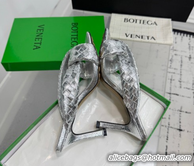 Perfect Bottega Veneta Riva Heel Slides Sandal 9cm in Woven Leather Silver 1027159