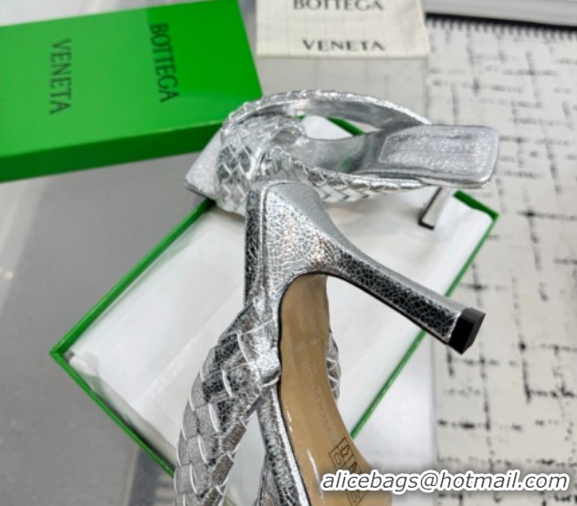 Perfect Bottega Veneta Riva Heel Slides Sandal 9cm in Woven Leather Silver 1027159