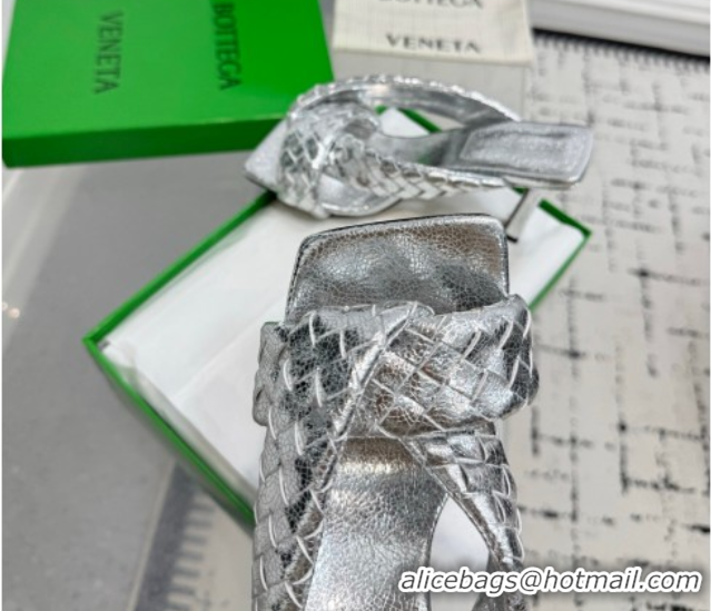 Perfect Bottega Veneta Riva Heel Slides Sandal 9cm in Woven Leather Silver 1027159