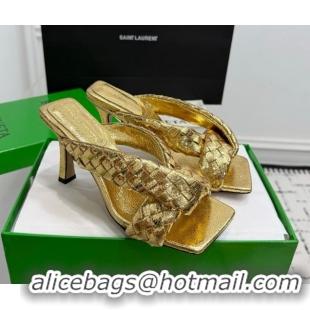 Classic Hot Bottega Veneta Riva Heel Slides Sandal 9cm in Woven Leather Gold 1027160