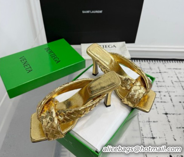Classic Hot Bottega Veneta Riva Heel Slides Sandal 9cm in Woven Leather Gold 1027160