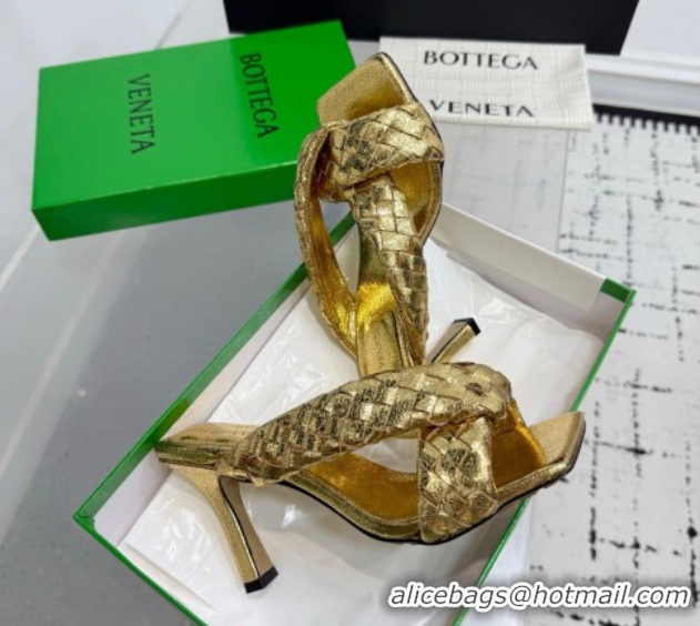 Classic Hot Bottega Veneta Riva Heel Slides Sandal 9cm in Woven Leather Gold 1027160