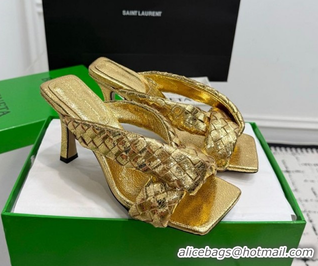 Classic Hot Bottega Veneta Riva Heel Slides Sandal 9cm in Woven Leather Gold 1027160
