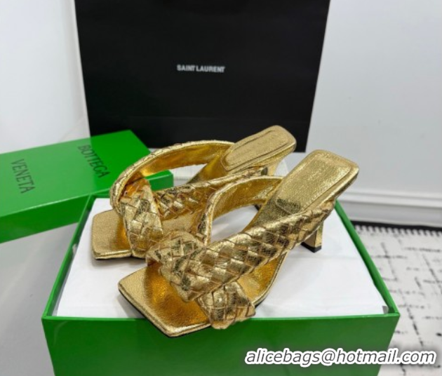 Classic Hot Bottega Veneta Riva Heel Slides Sandal 9cm in Woven Leather Gold 1027160
