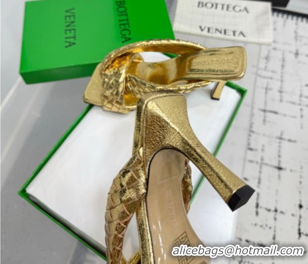 Classic Hot Bottega Veneta Riva Heel Slides Sandal 9cm in Woven Leather Gold 1027160