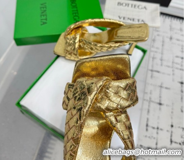 Classic Hot Bottega Veneta Riva Heel Slides Sandal 9cm in Woven Leather Gold 1027160