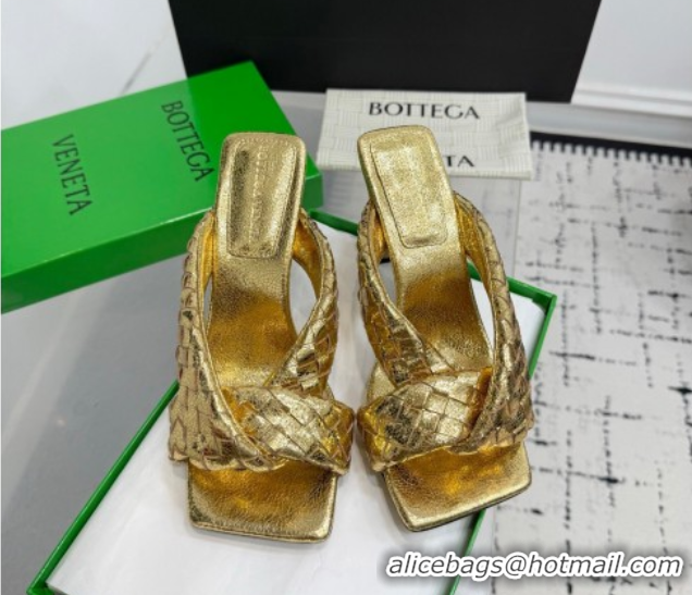 Classic Hot Bottega Veneta Riva Heel Slides Sandal 9cm in Woven Leather Gold 1027160