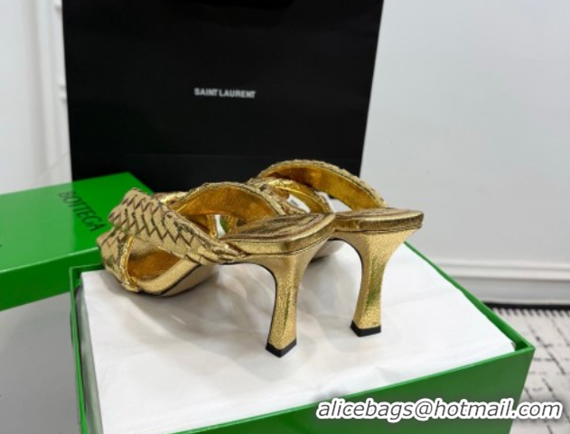 Classic Hot Bottega Veneta Riva Heel Slides Sandal 9cm in Woven Leather Gold 1027160