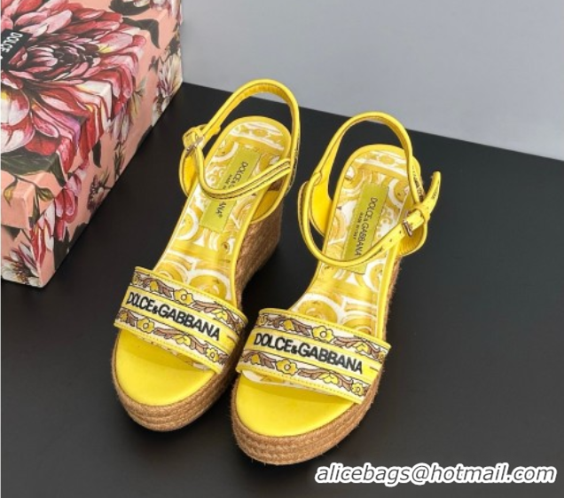Shop Duplicate Dolce & Gabbana Wedge Sandals 9cm in Majolica Embroidery Yellow 50825133