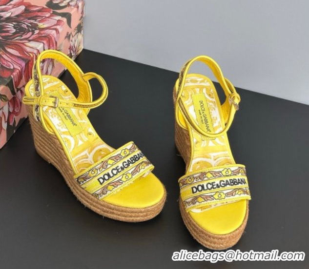 Shop Duplicate Dolce & Gabbana Wedge Sandals 9cm in Majolica Embroidery Yellow 50825133