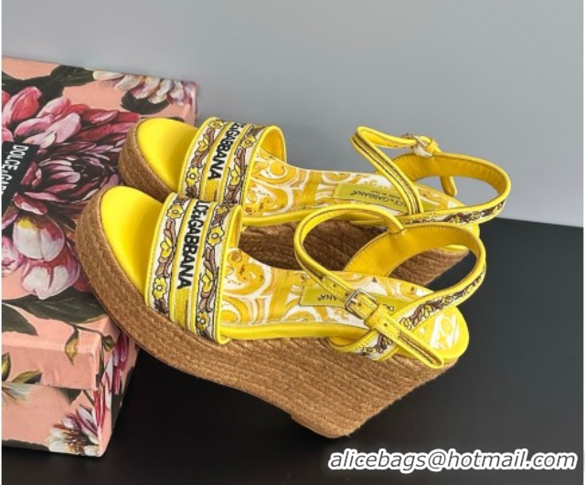 Shop Duplicate Dolce & Gabbana Wedge Sandals 9cm in Majolica Embroidery Yellow 50825133