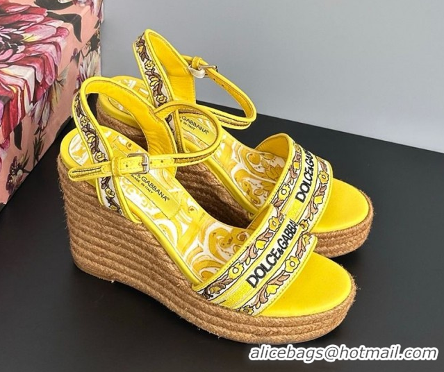 Shop Duplicate Dolce & Gabbana Wedge Sandals 9cm in Majolica Embroidery Yellow 50825133