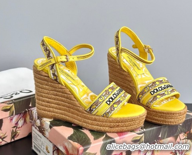 Shop Duplicate Dolce & Gabbana Wedge Sandals 9cm in Majolica Embroidery Yellow 50825133