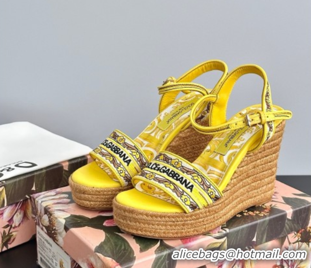 Shop Duplicate Dolce & Gabbana Wedge Sandals 9cm in Majolica Embroidery Yellow 50825133