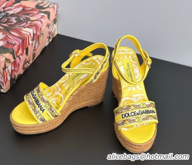 Shop Duplicate Dolce & Gabbana Wedge Sandals 9cm in Majolica Embroidery Yellow 50825133