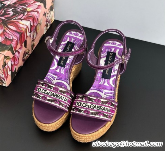 Popular Style Dolce & Gabbana Wedge Sandals 9cm in Majolica Embroidery Purple 0825134