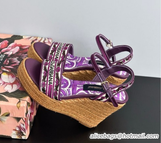 Popular Style Dolce & Gabbana Wedge Sandals 9cm in Majolica Embroidery Purple 0825134