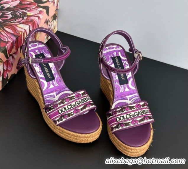 Popular Style Dolce & Gabbana Wedge Sandals 9cm in Majolica Embroidery Purple 0825134