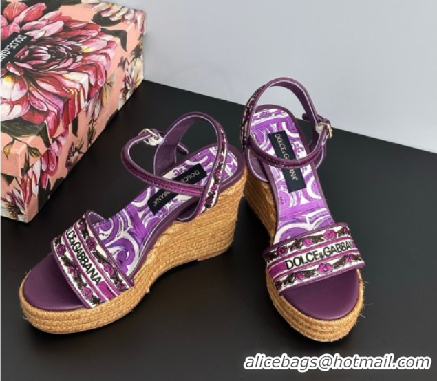 Popular Style Dolce & Gabbana Wedge Sandals 9cm in Majolica Embroidery Purple 0825134