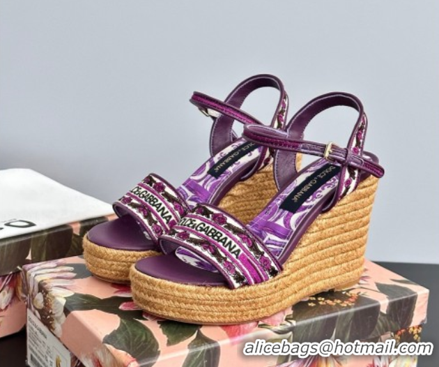 Popular Style Dolce & Gabbana Wedge Sandals 9cm in Majolica Embroidery Purple 0825134