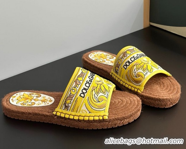 Top Design Dolce & Gabbana Espadrille Flat Sliders Sandal in Majolica Embroidery Yellow 0825135