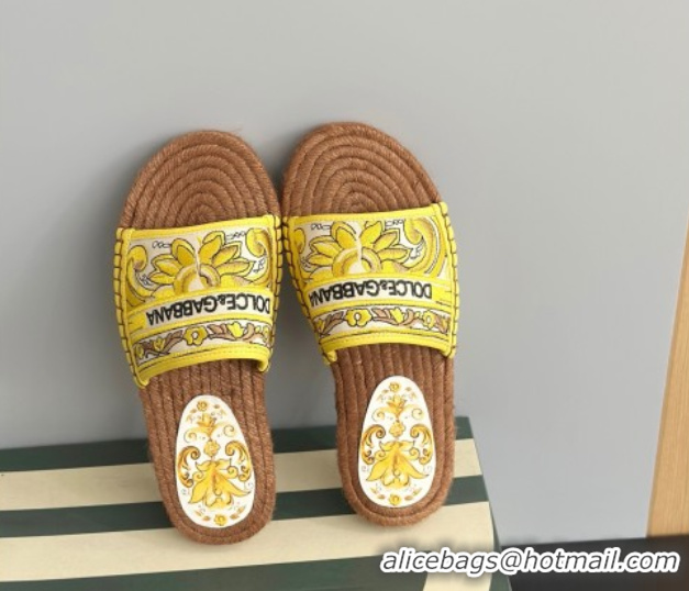 Top Design Dolce & Gabbana Espadrille Flat Sliders Sandal in Majolica Embroidery Yellow 0825135