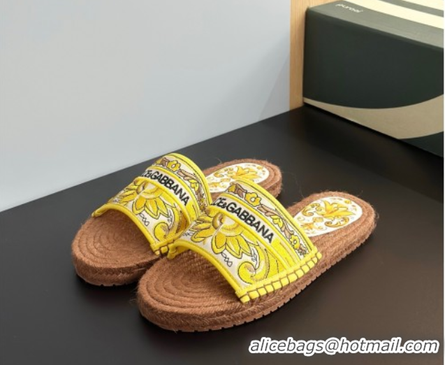 Top Design Dolce & Gabbana Espadrille Flat Sliders Sandal in Majolica Embroidery Yellow 0825135