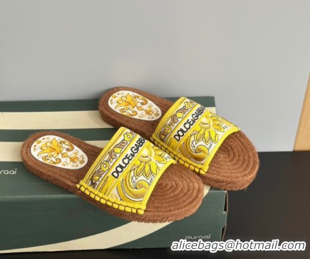 Top Design Dolce & Gabbana Espadrille Flat Sliders Sandal in Majolica Embroidery Yellow 0825135