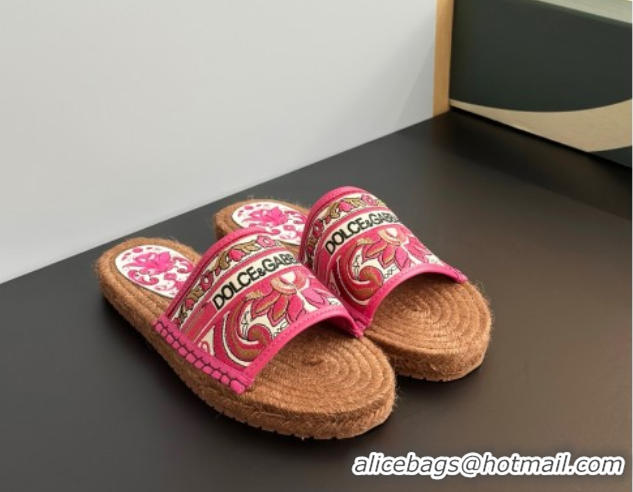 Cheap Price Dolce & Gabbana Espadrille Flat Sliders Sandal in Majolica Embroidery Pink 0825136
