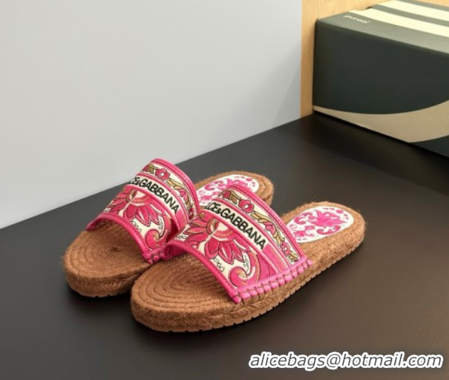 Cheap Price Dolce & Gabbana Espadrille Flat Sliders Sandal in Majolica Embroidery Pink 0825136