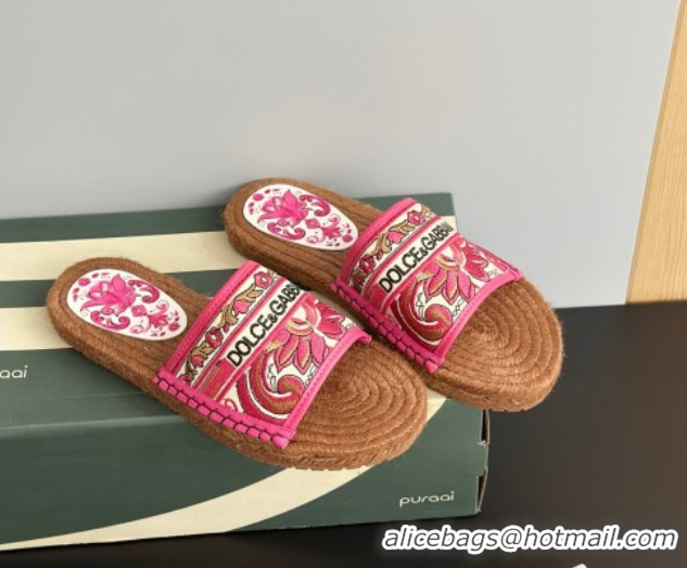 Cheap Price Dolce & Gabbana Espadrille Flat Sliders Sandal in Majolica Embroidery Pink 0825136