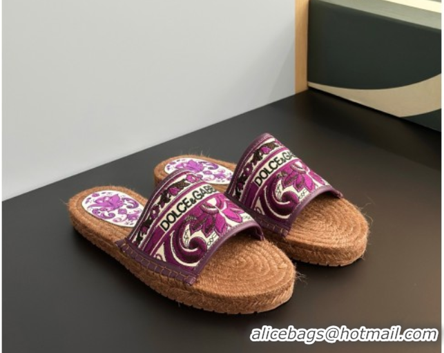 Charming Dolce & Gabbana Espadrille Flat Sliders Sandal in Majolica Embroidery Purple 0825137