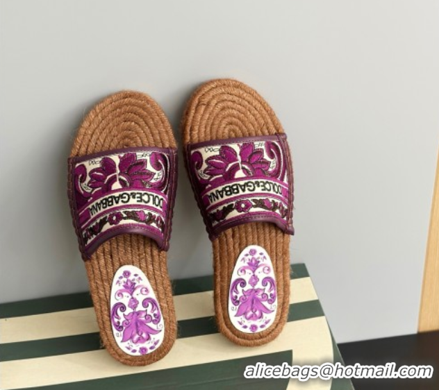 Charming Dolce & Gabbana Espadrille Flat Sliders Sandal in Majolica Embroidery Purple 0825137