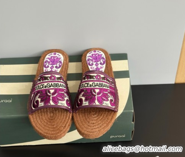 Charming Dolce & Gabbana Espadrille Flat Sliders Sandal in Majolica Embroidery Purple 0825137