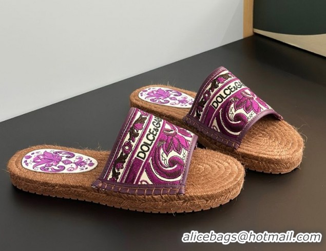 Charming Dolce & Gabbana Espadrille Flat Sliders Sandal in Majolica Embroidery Purple 0825137