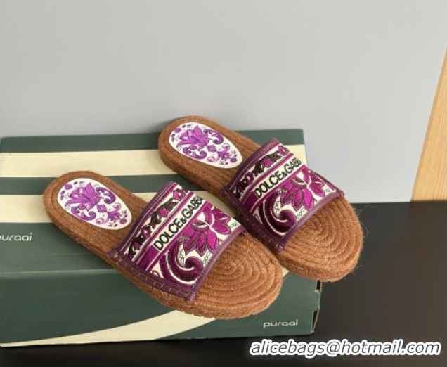 Charming Dolce & Gabbana Espadrille Flat Sliders Sandal in Majolica Embroidery Purple 0825137
